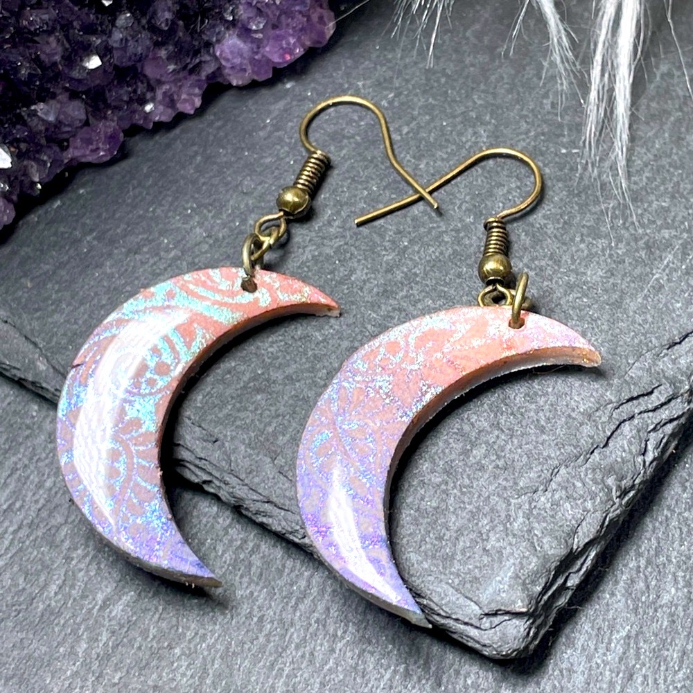 Hand Crafted Pink and Purple Sparkly Crescent Moon Artisan Made Earrings